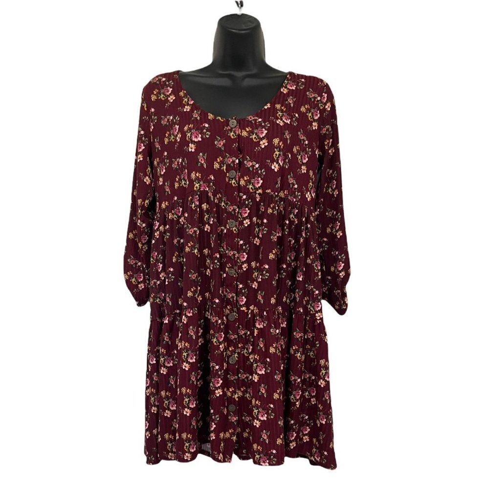 ke•ned•ik Smock‎ Dress Floral Burgundy Button Front Tabbed Sleeve Size S